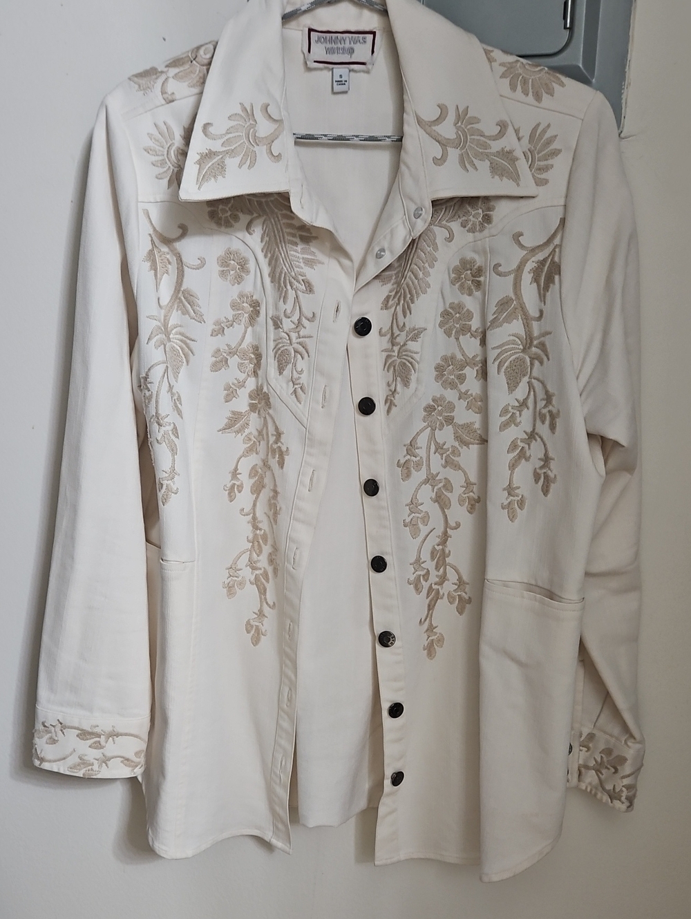 Johnny Was Cream Embroidered Button-Down Shirt